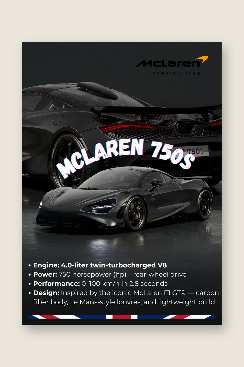 McLaren 750S Le Mans Poster | Premium Supercar Wall Art | Automotive Decor for Garage & Office