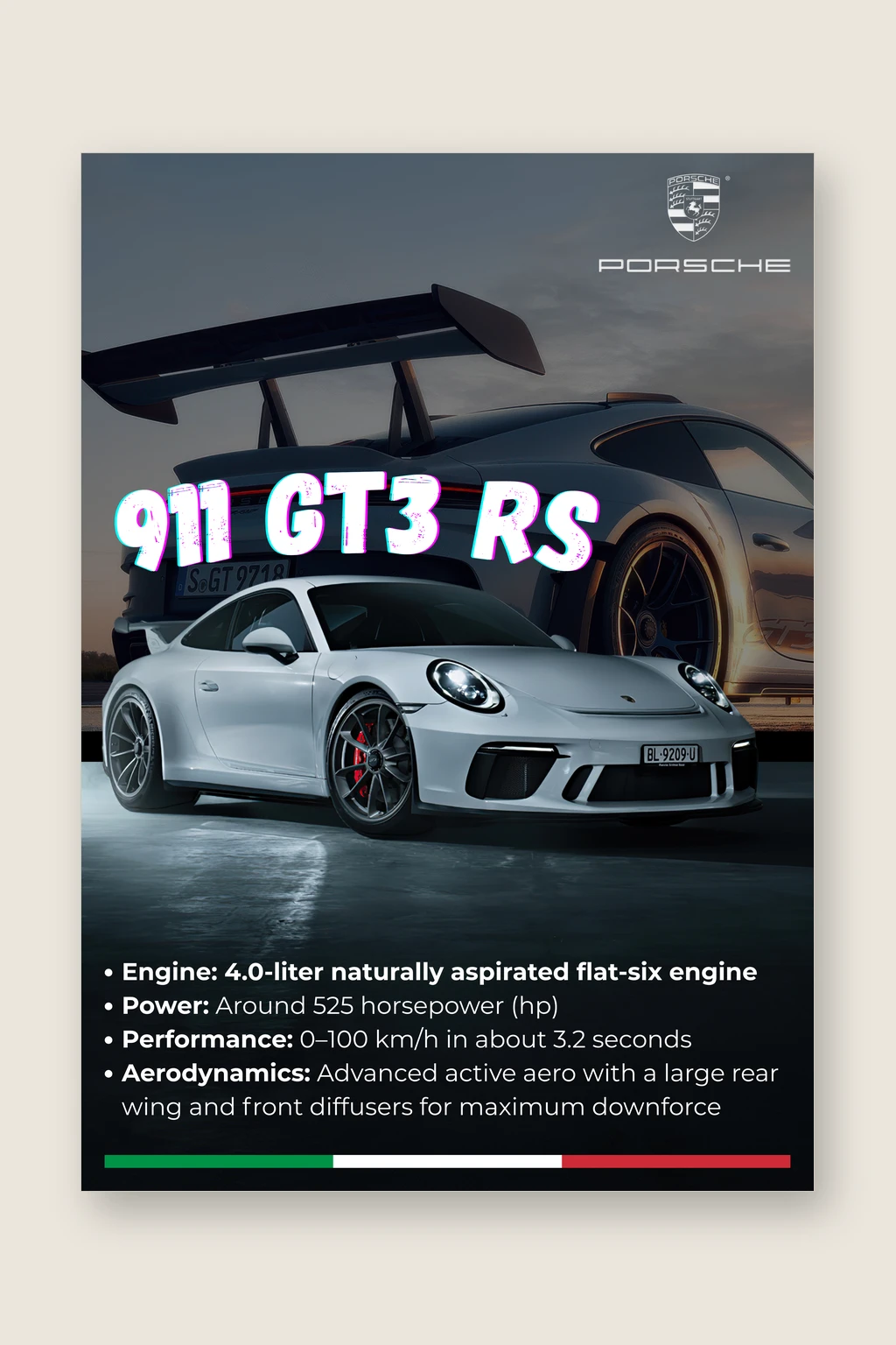 Porsche 911 GT3 RS Poster | Premium Track Car Wall Art | Automotive Decor for Garage & Office