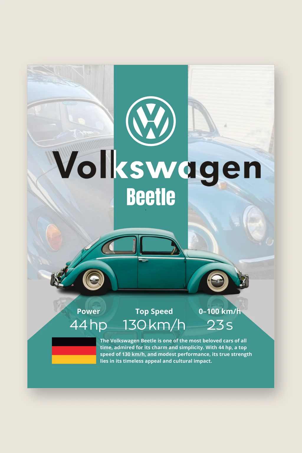 Volkswagen Beetle Poster | Premium Classic Car Wall Art | Automotive Decor for Garage & Office