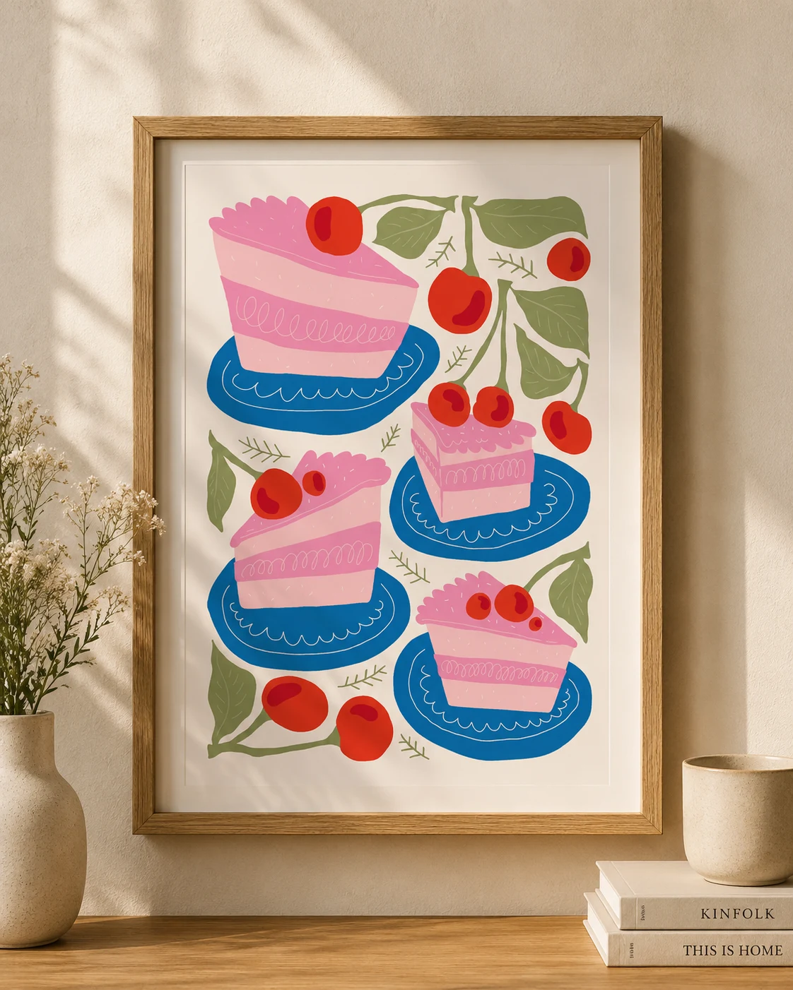 Cherry Cake Wall Art – Modern Dessert Kitchen Print with Scandinavian Style
