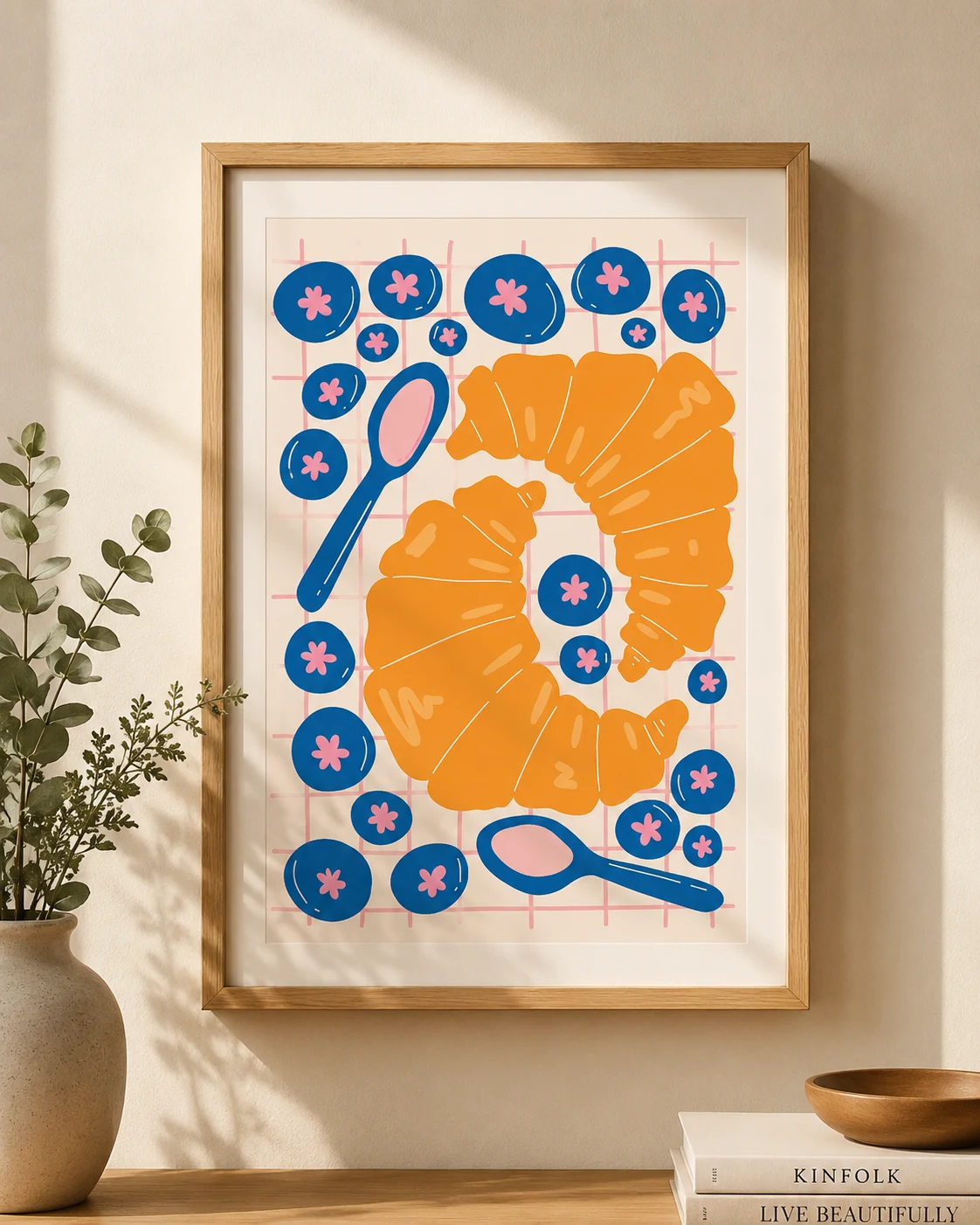 Croissant & Blueberry Kitchen Wall Art – Modern Breakfast Illustration Print