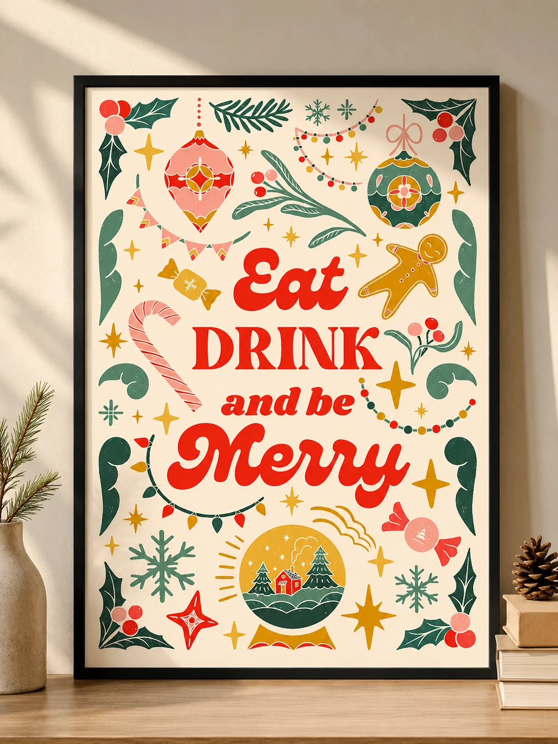 Eat, Drink & Be Merry – Premium Black Framed Christmas Wall Art