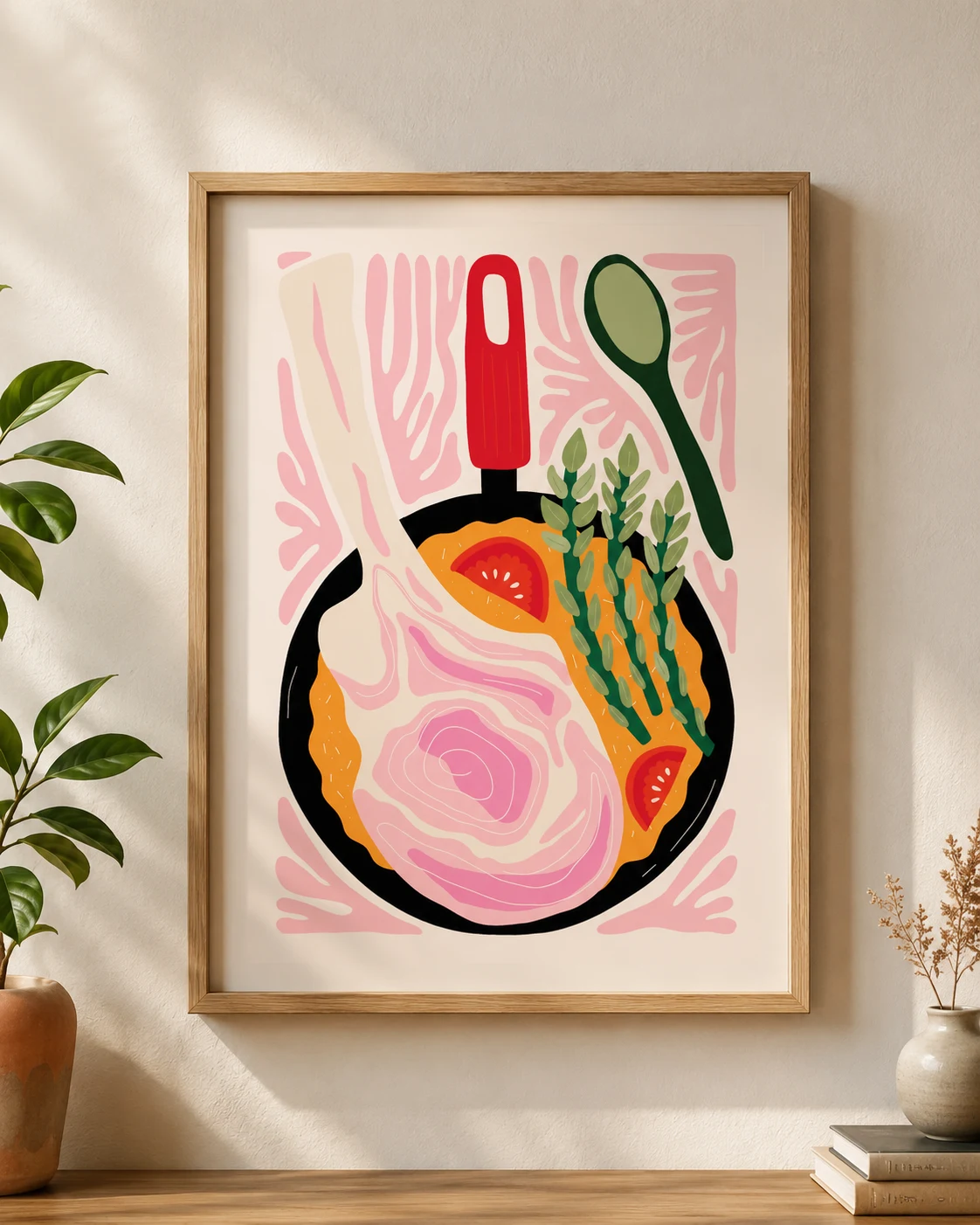 Modern Kitchen Wall Art – Abstract Culinary Illustration with Steak & Asparagus