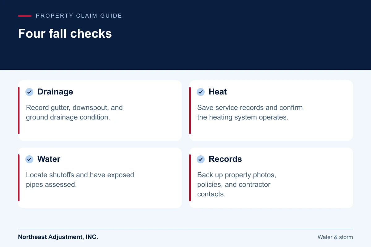 Four fall checks: Drainage, Heat, Water, Records.