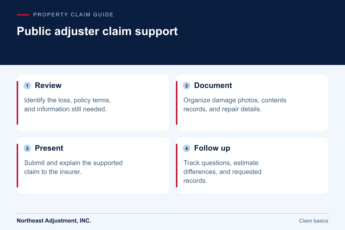 Public adjuster claim support: Review, Document, Present, Follow up.