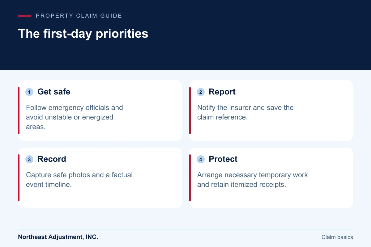 The first-day priorities: Get safe, Report, Record, Protect.