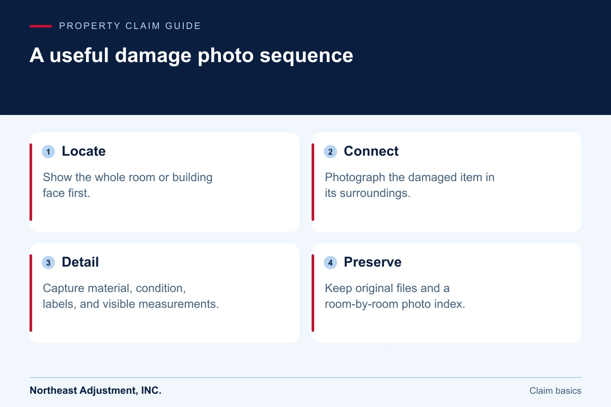 A useful damage photo sequence: Locate, Connect, Detail, Preserve.