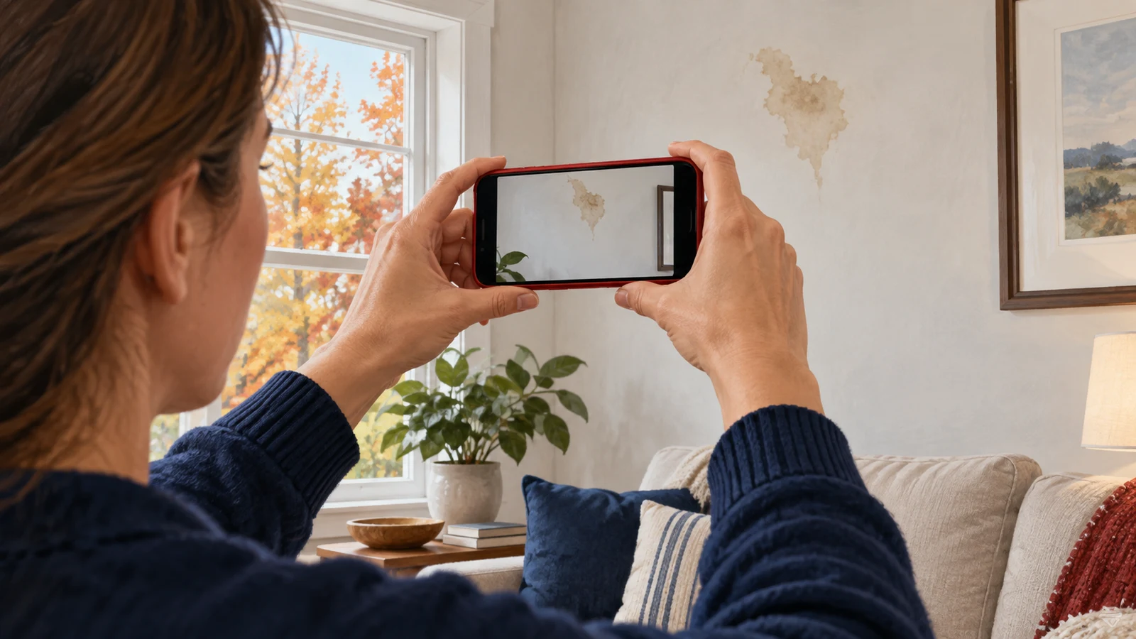 Illustration of a homeowner using a smartphone to photograph a water stain on a living-room wall.
