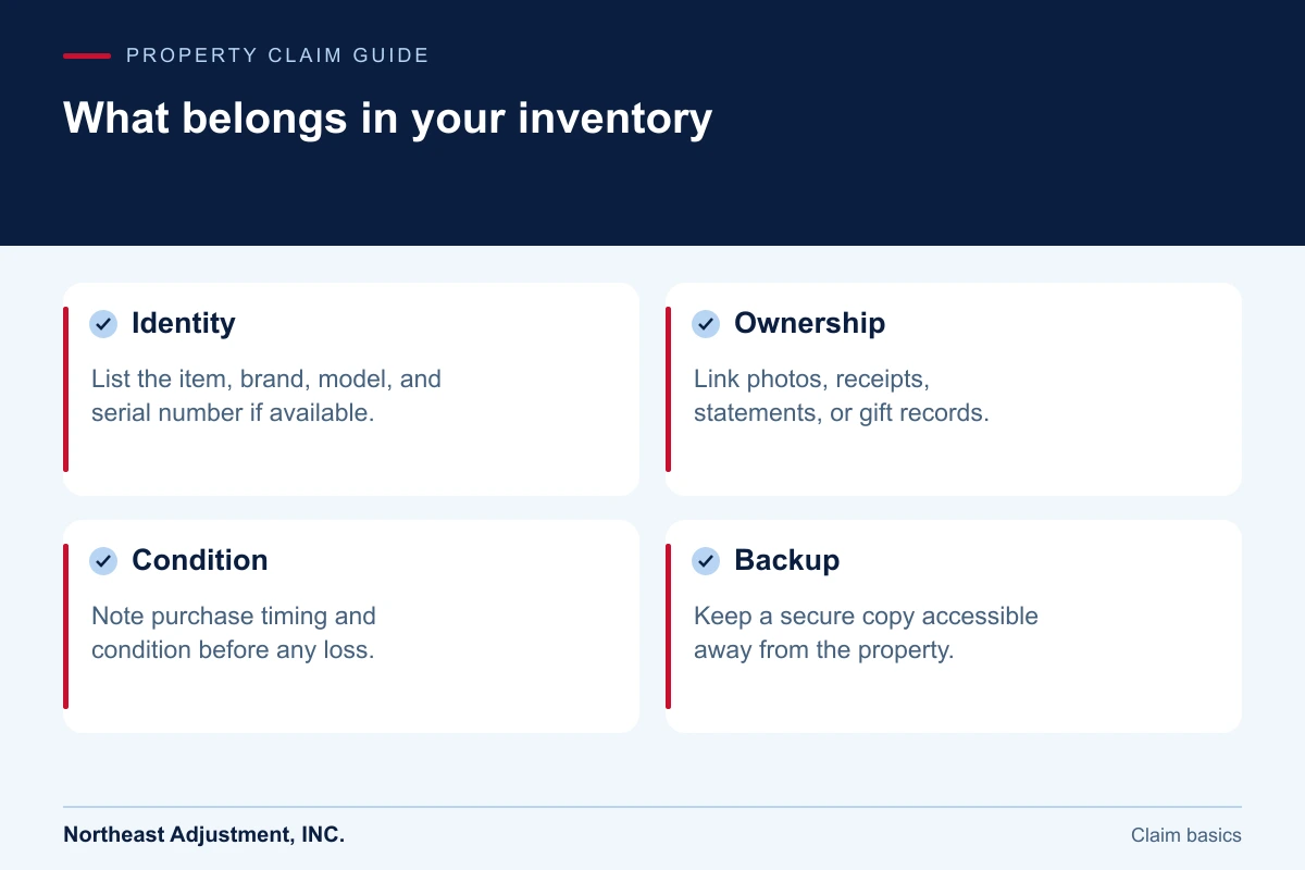 What belongs in your inventory: Identity, Ownership, Condition, Backup.