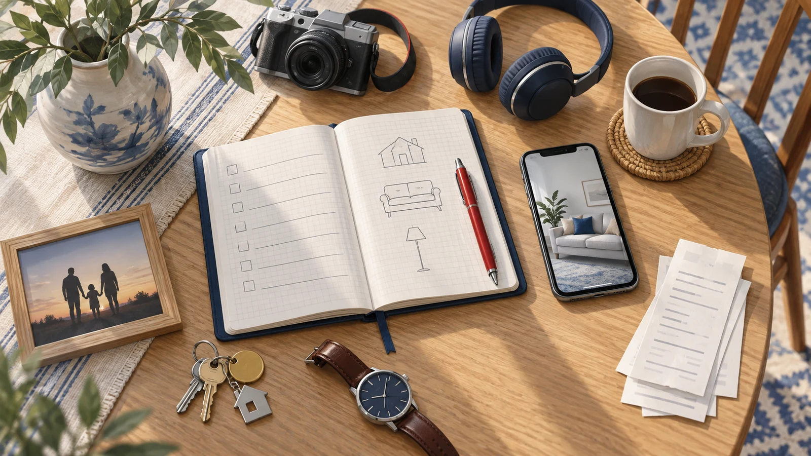 Illustration of a home inventory notebook surrounded by a camera, headphones, watch, keys, receipts, and a phone.