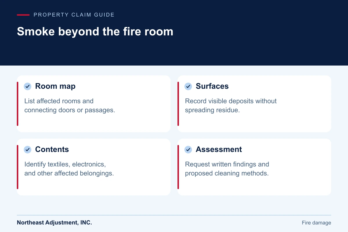 Smoke beyond the fire room: Room map, Surfaces, Contents, Assessment.