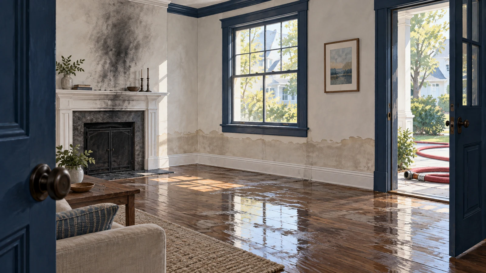 Illustration of a room with soot, damp flooring, and a low wall waterline, with an inactive fire hose outside.