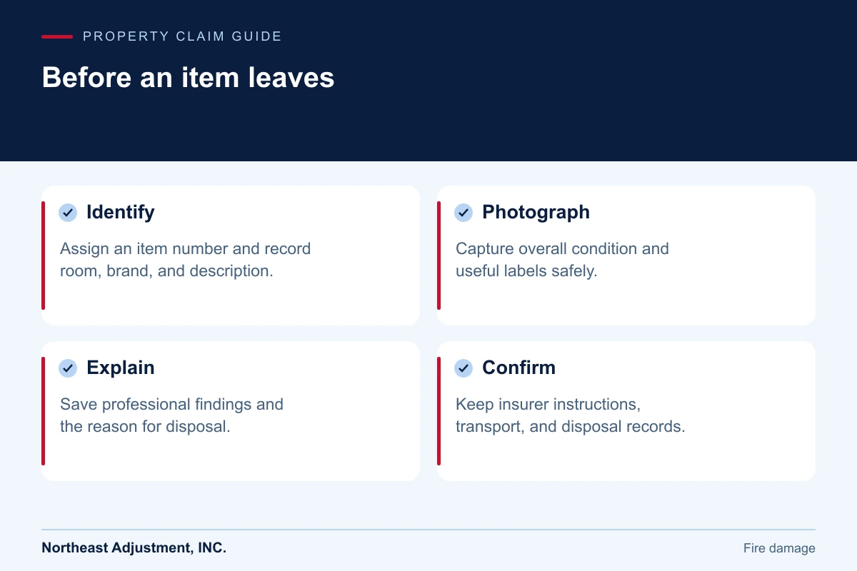 Before an item leaves: Identify, Photograph, Explain, Confirm.