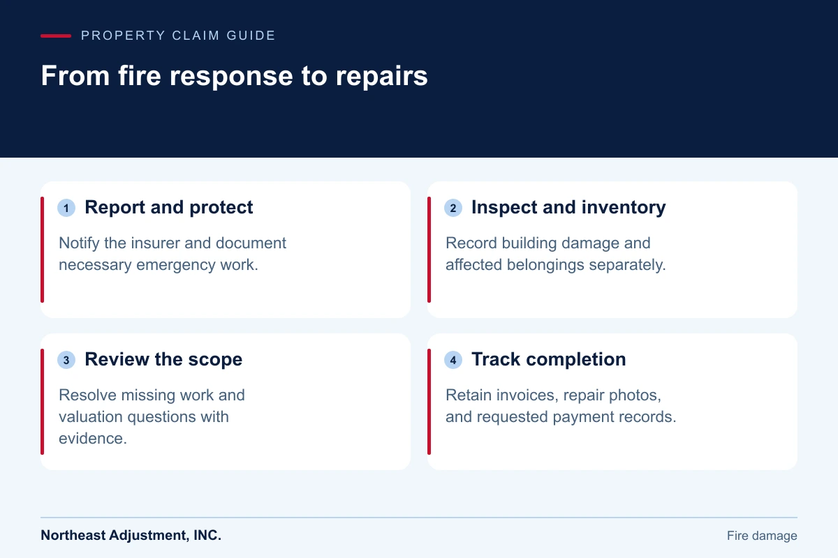 From fire response to repairs: Report and protect, Inspect and inventory, Review the scope, Track completion.