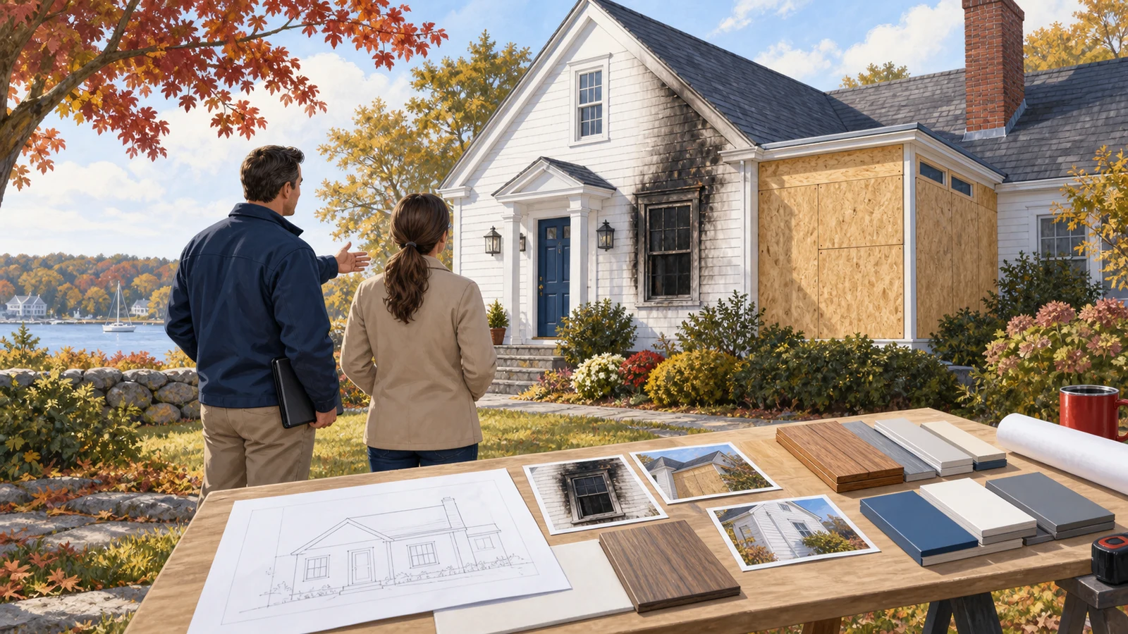 Illustration of two people outside a fire-damaged home, with inspection photographs and repair samples on a table.