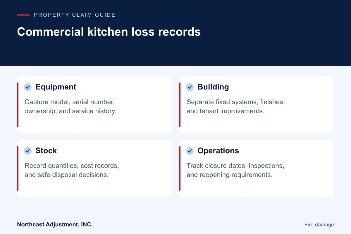 Commercial kitchen loss records: Equipment, Building, Stock, Operations.