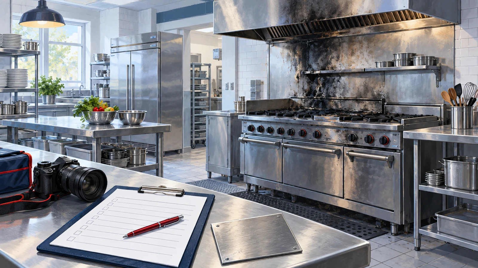 Illustration of an empty commercial kitchen with soot-damaged cooking equipment and assessment materials.