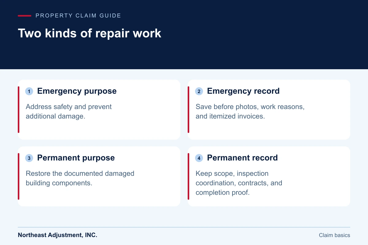 Two kinds of repair work: Emergency purpose, Emergency record, Permanent purpose, Permanent record.