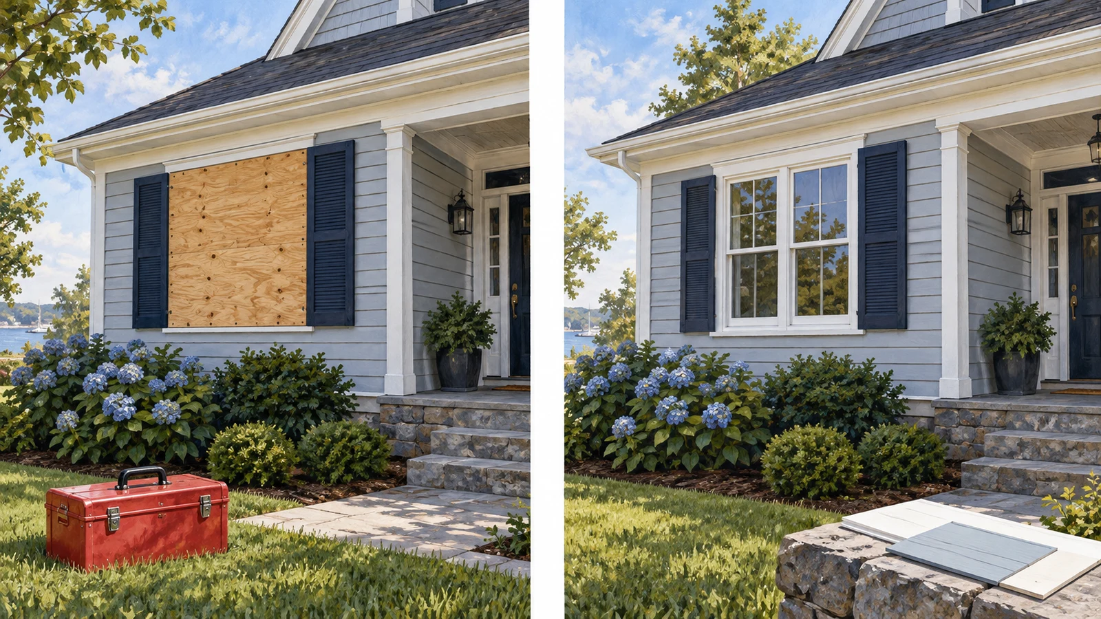 Illustration comparing a temporarily boarded house window with the same window after permanent repairs.