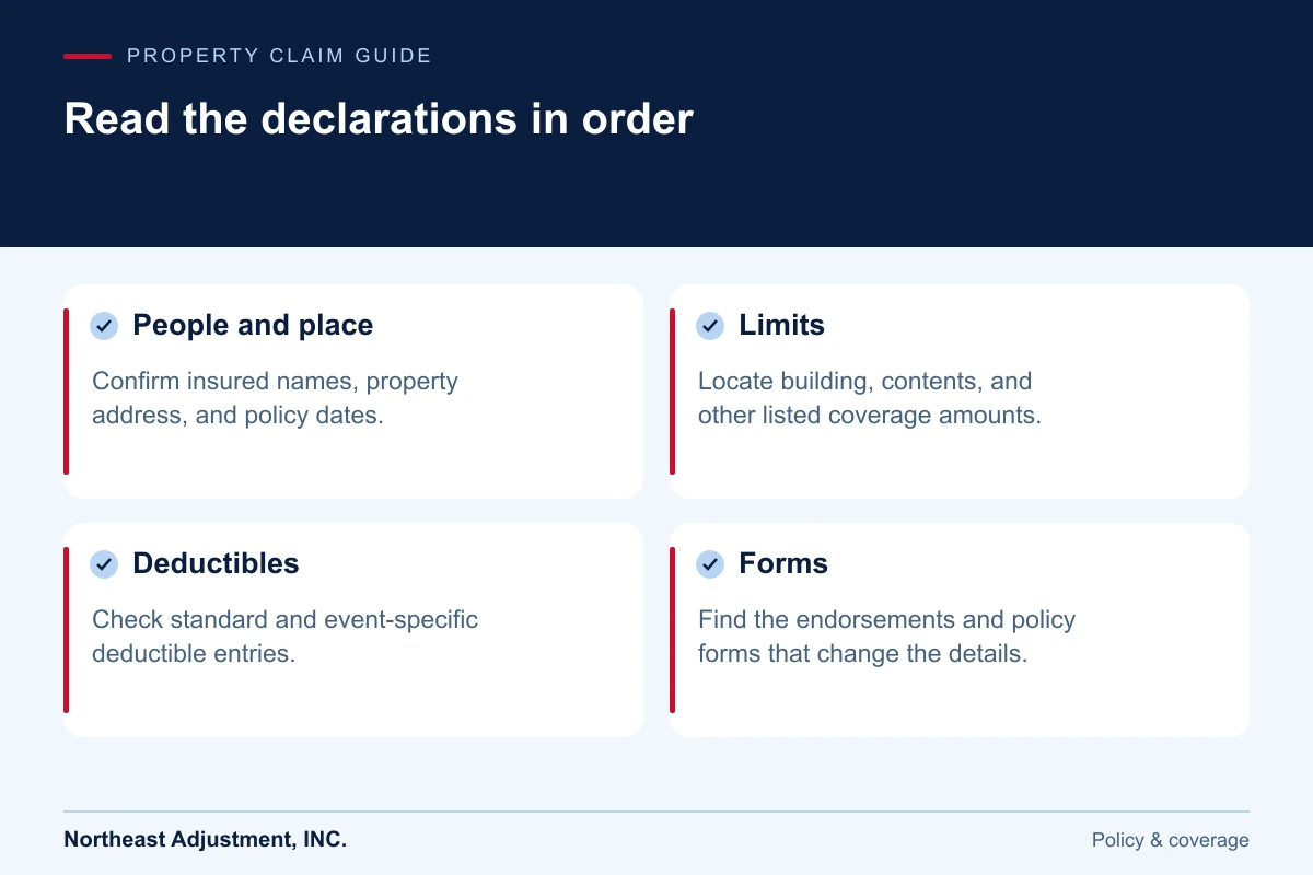 Read the declarations in order: People and place, Limits, Deductibles, Forms.