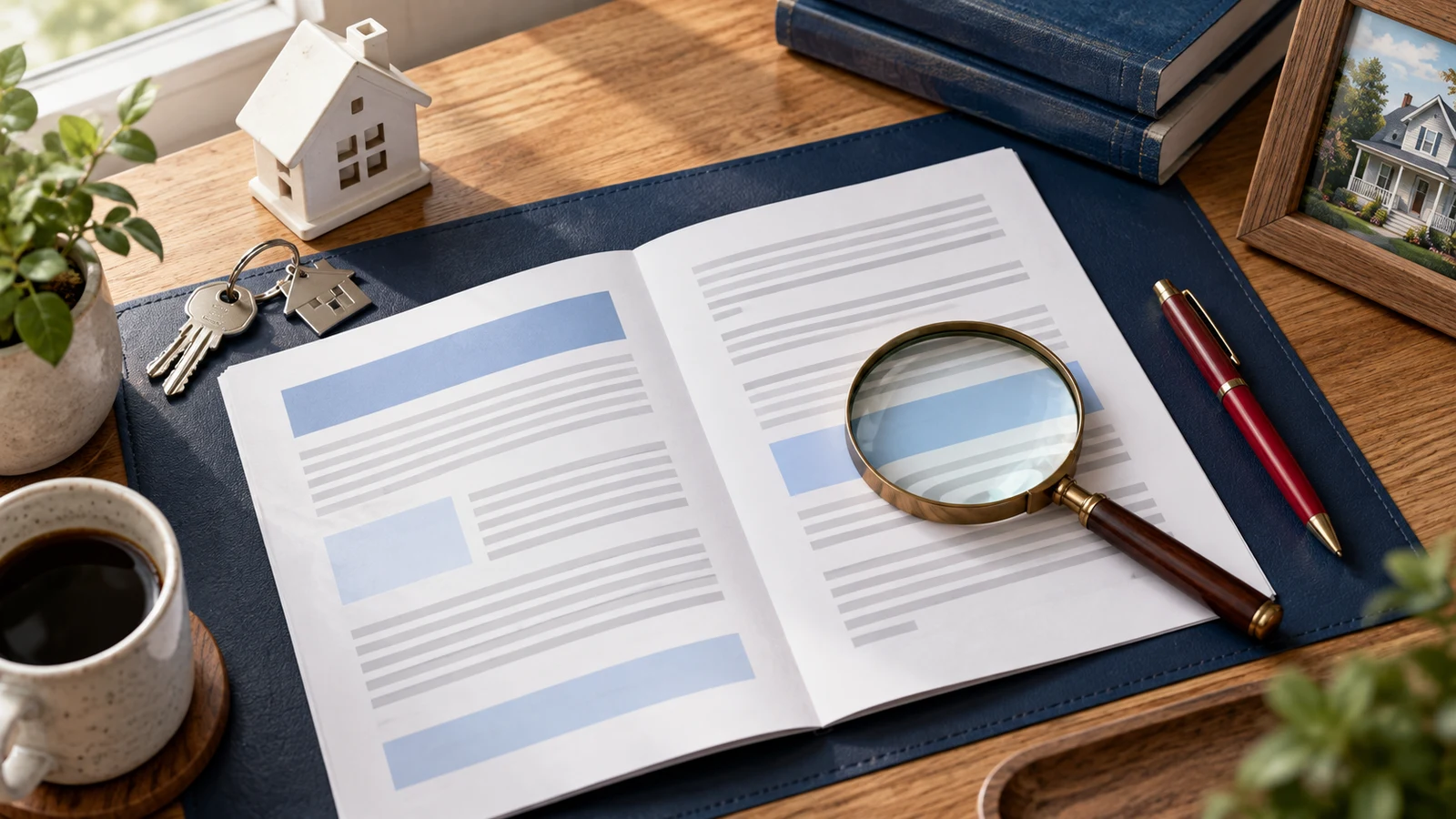 Illustration of a policy document with highlighted sections, a magnifying glass, house keys, and a red pen.