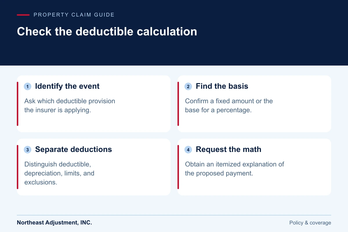Check the deductible calculation: Identify the event, Find the basis, Separate deductions, Request the math.