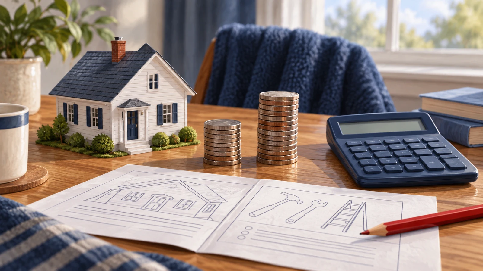 Illustration of a house model, coin stacks, blank calculator, and repair drawings on a table.