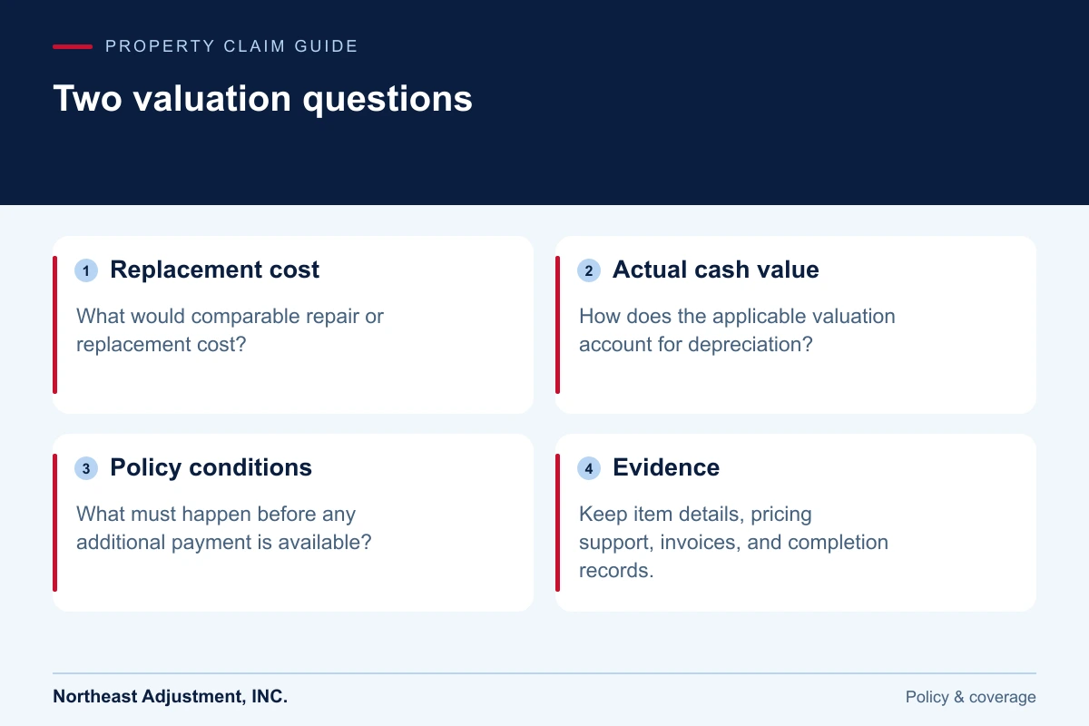 Two valuation questions: Replacement cost, Actual cash value, Policy conditions, Evidence.