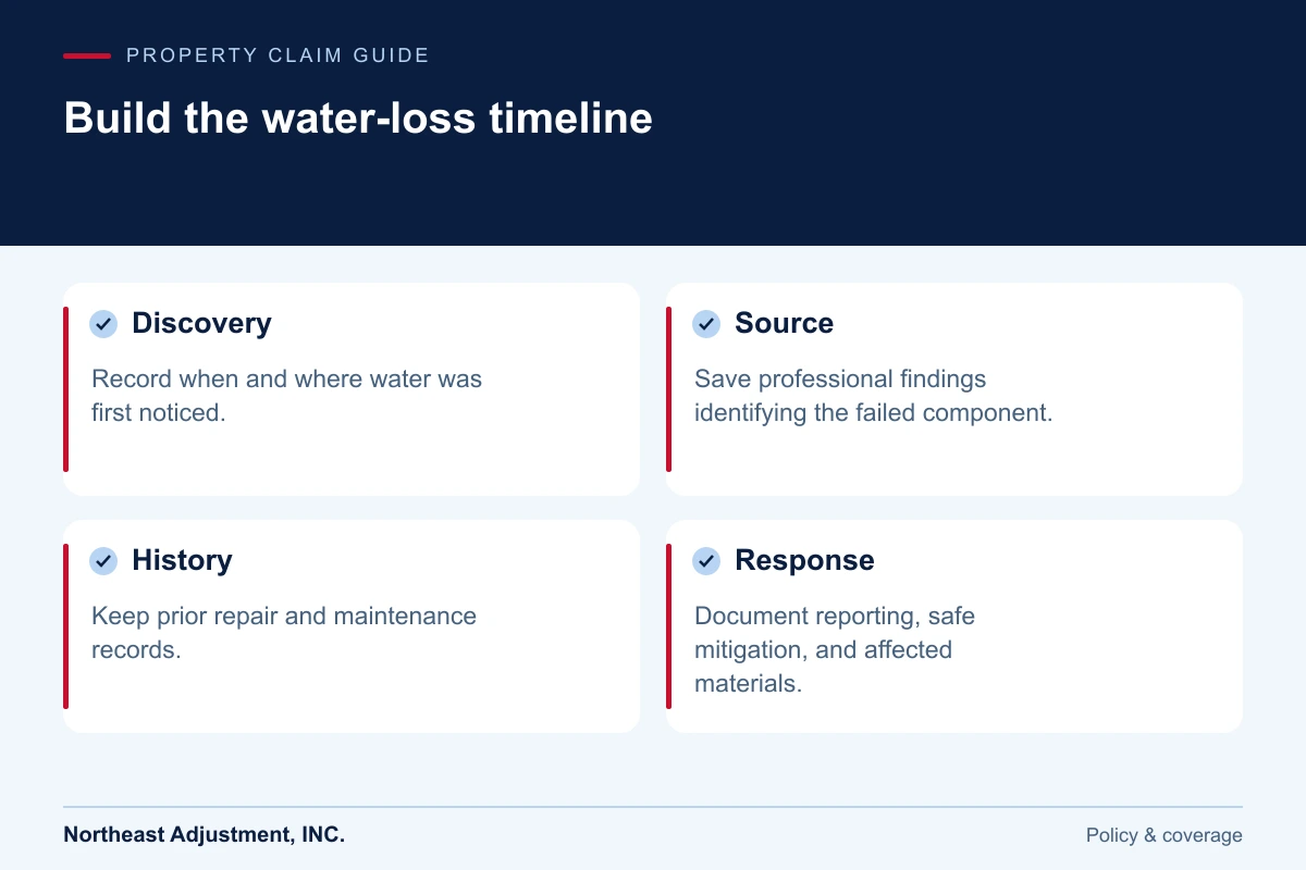Build the water-loss timeline: Discovery, Source, History, Response.