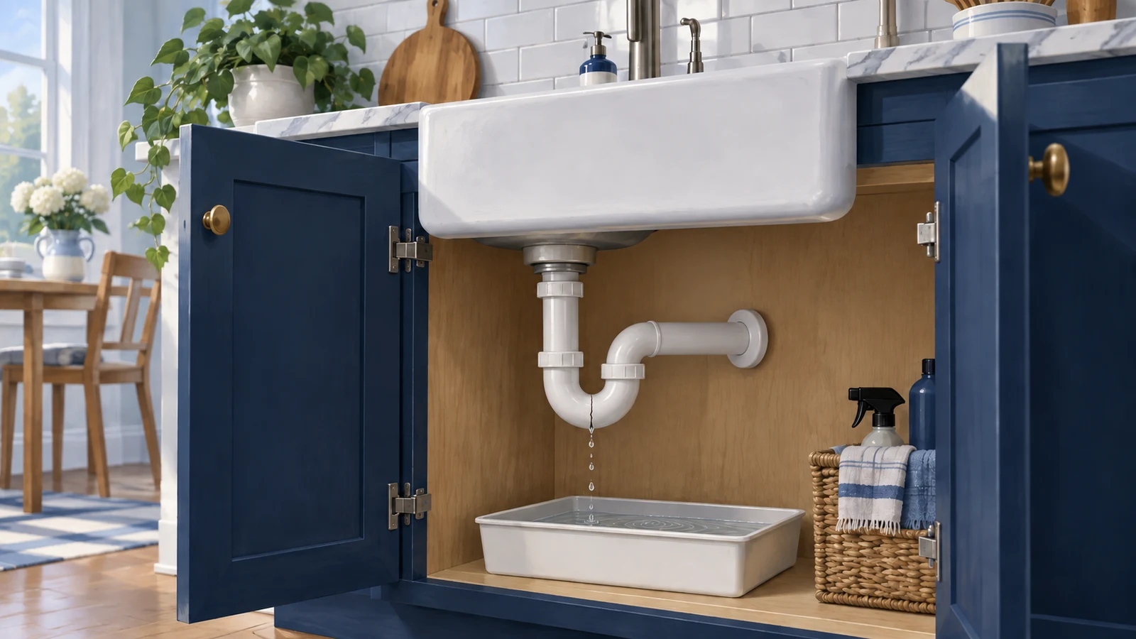 Illustration of a cracked sink drain dripping into a white tray inside an open navy cabinet.