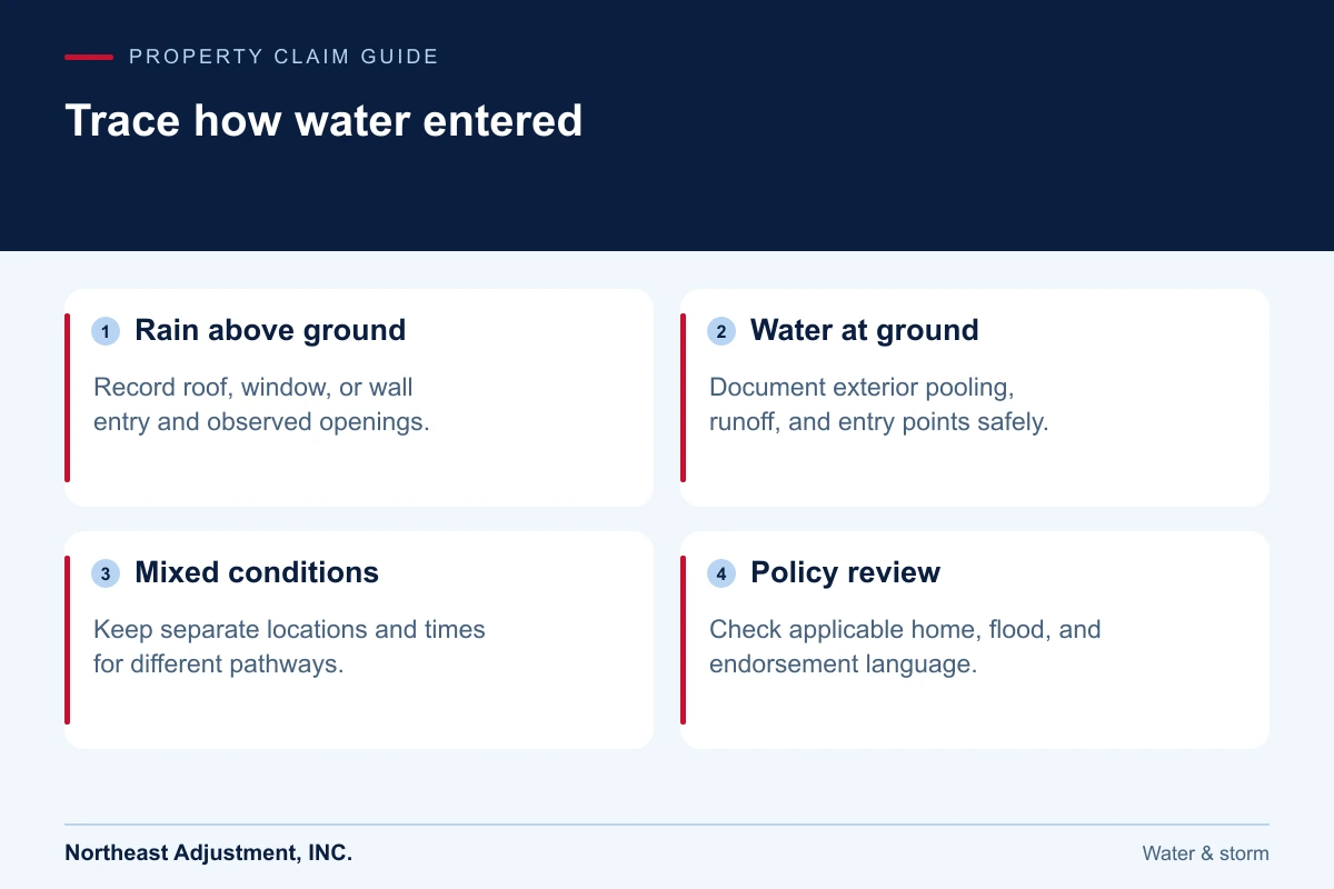 Trace how water entered: Rain above ground, Water at ground, Mixed conditions, Policy review.