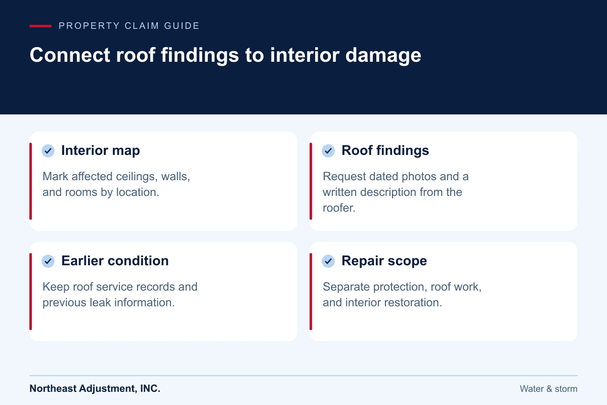 Connect roof findings to interior damage: Interior map, Roof findings, Earlier condition, Repair scope.