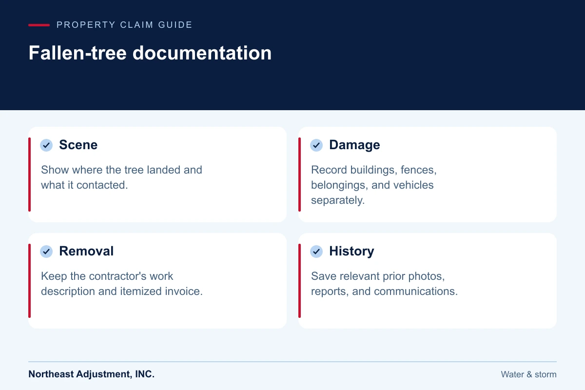 Fallen-tree documentation: Scene, Damage, Removal, History.