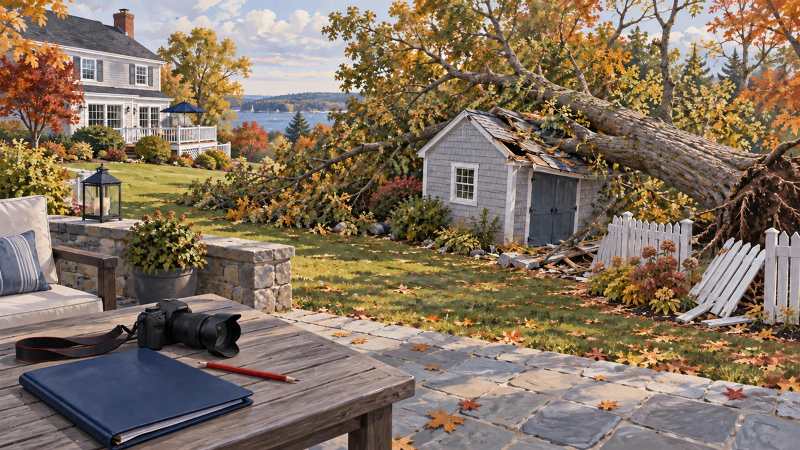Illustration of a fallen tree across a shed and fence, with a camera and folder on a distant patio table.