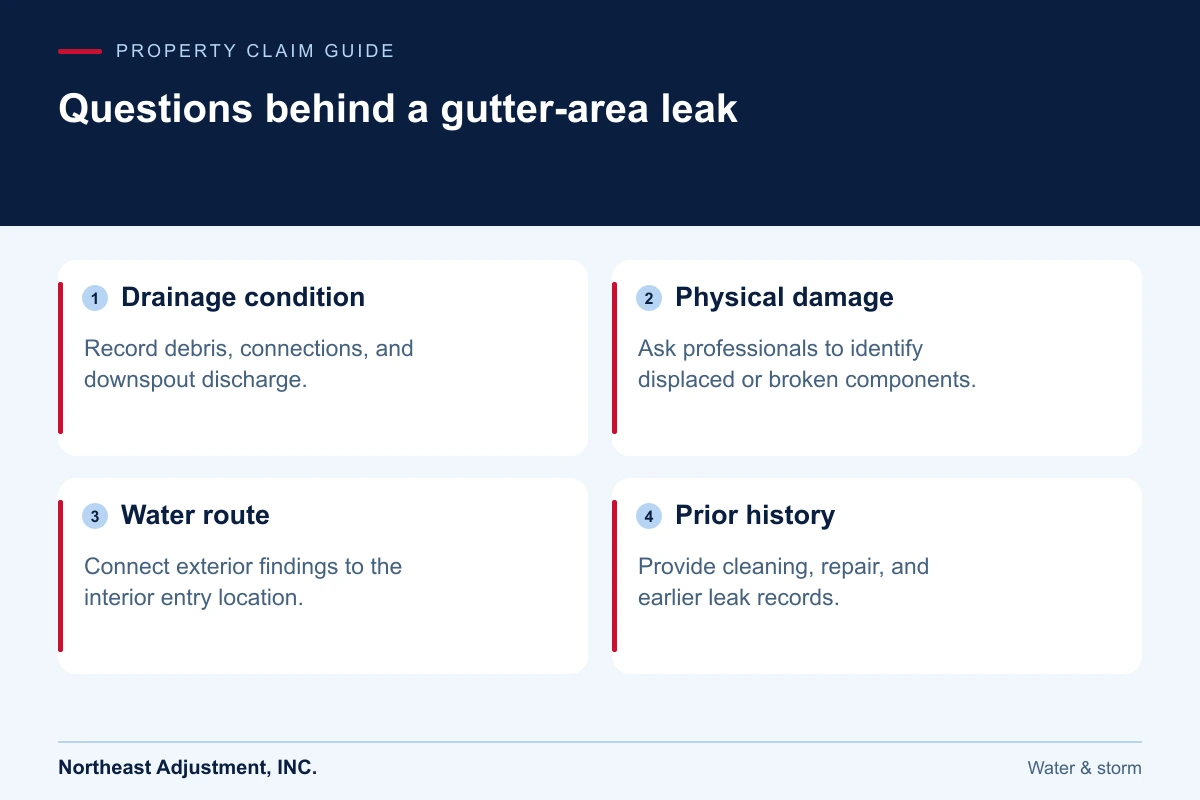 Questions behind a gutter-area leak: Drainage condition, Physical damage, Water route, Prior history.