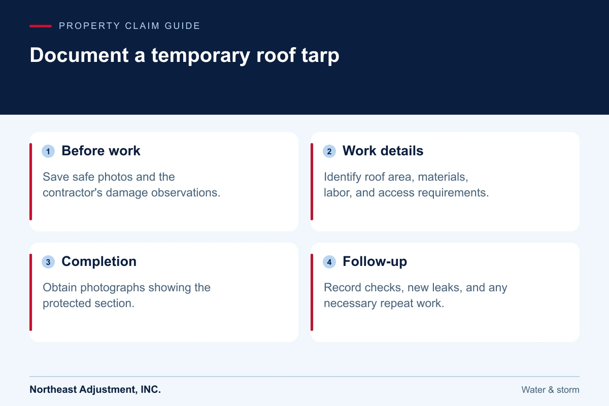 Document a temporary roof tarp: Before work, Work details, Completion, Follow-up.