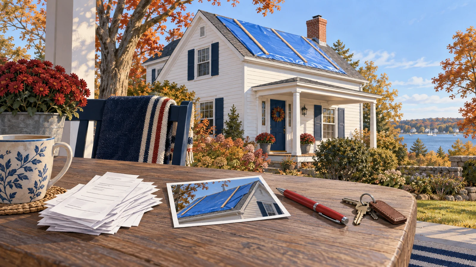 Illustration of a house roof protected by a blue tarp, with receipts, a photograph, keys, and a pen on a porch table.