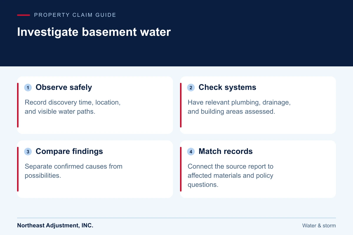 Investigate basement water: Observe safely, Check systems, Compare findings, Match records.