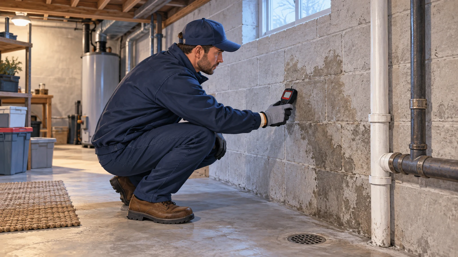 Illustration of a gloved professional checking a damp basement wall with a handheld meter while standing on a dry floor.