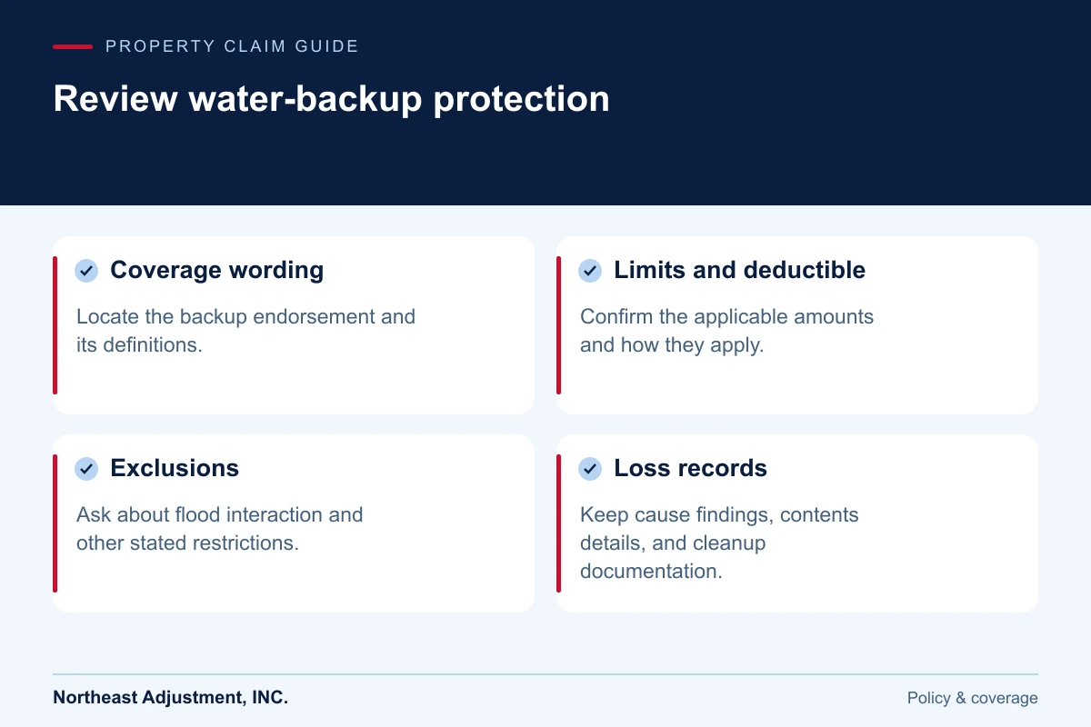 Review water-backup protection: Coverage wording, Limits and deductible, Exclusions, Loss records.