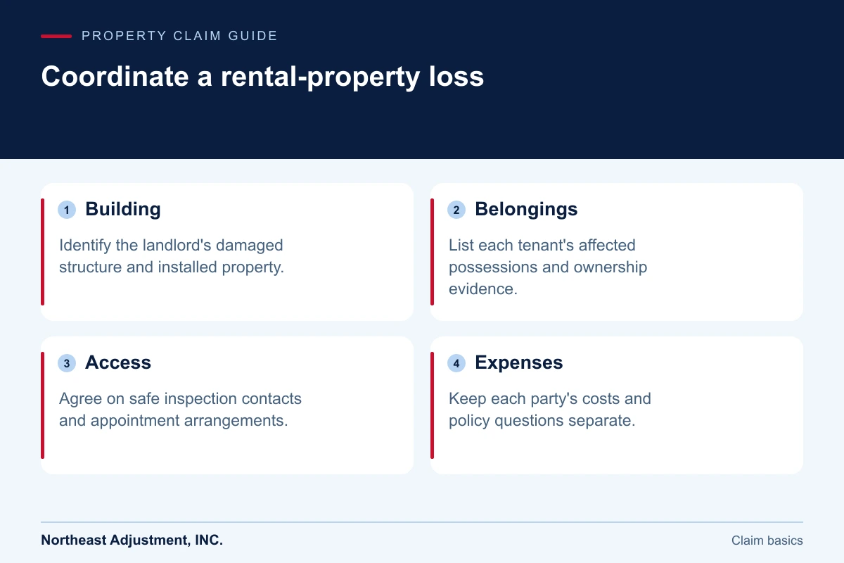 Coordinate a rental-property loss: Building, Belongings, Access, Expenses.
