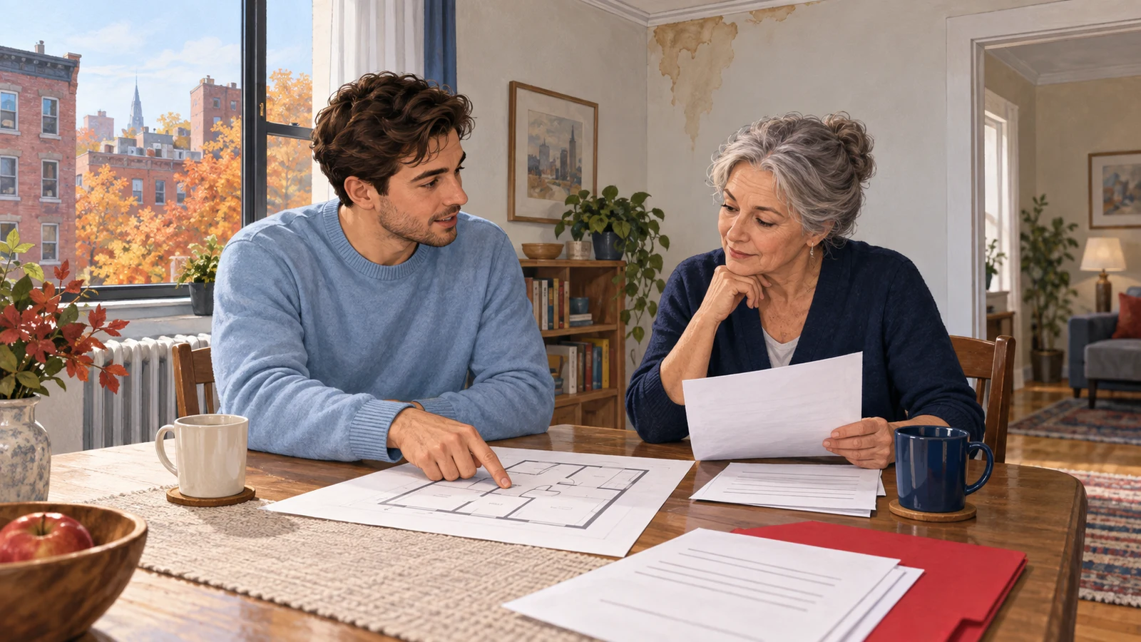 Illustration of a landlord and tenant reviewing an apartment plan and documents near a water-stained wall.