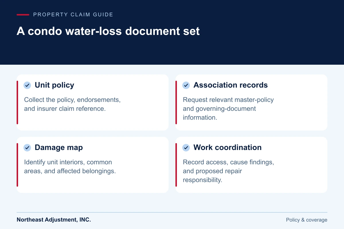 A condo water-loss document set: Unit policy, Association records, Damage map, Work coordination.