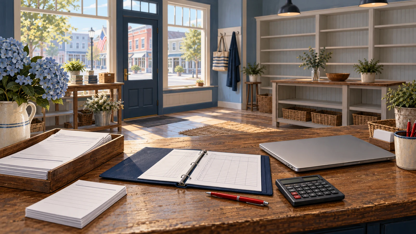 Illustration of invoices, a bookkeeping binder, calculator, and laptop on the counter of a quiet shop.
