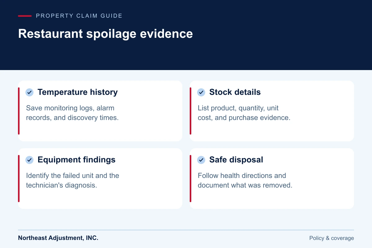 Restaurant spoilage evidence: Temperature history, Stock details, Equipment findings, Safe disposal.