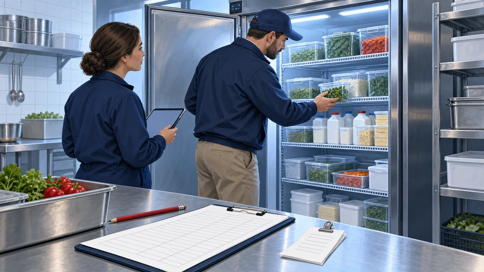 Illustration of two people documenting food containers in a commercial refrigerator, with inventory sheets nearby.