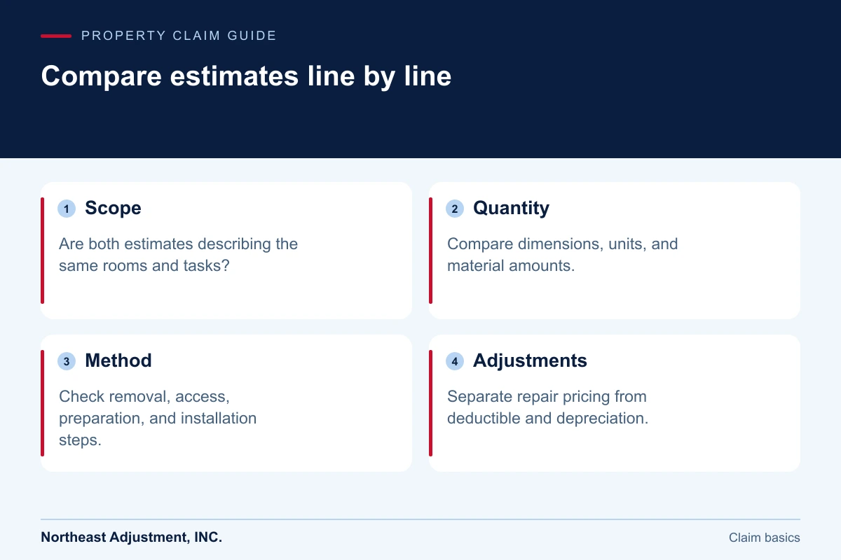 Compare estimates line by line: Scope, Quantity, Method, Adjustments.