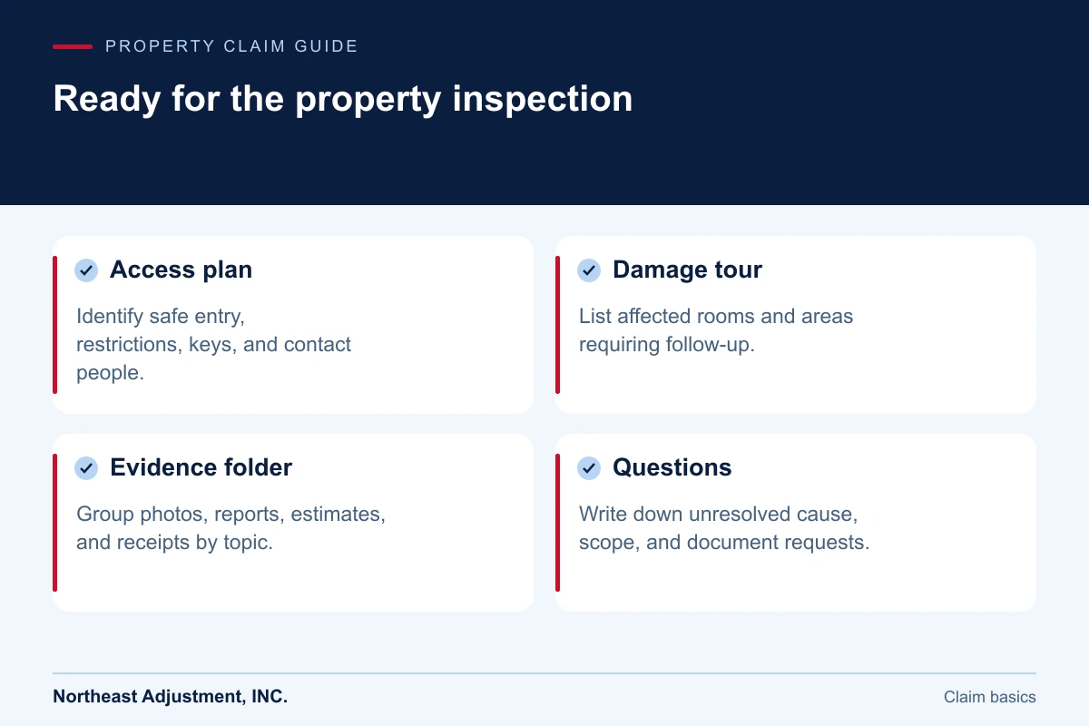 Ready for the property inspection: Access plan, Damage tour, Evidence folder, Questions.