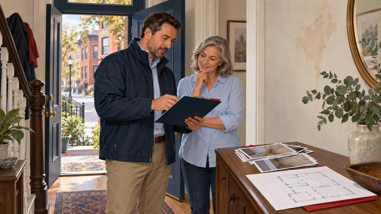 Illustration of an adjuster and homeowner reviewing a clipboard in a dry hallway, with damage photos and a floor plan.