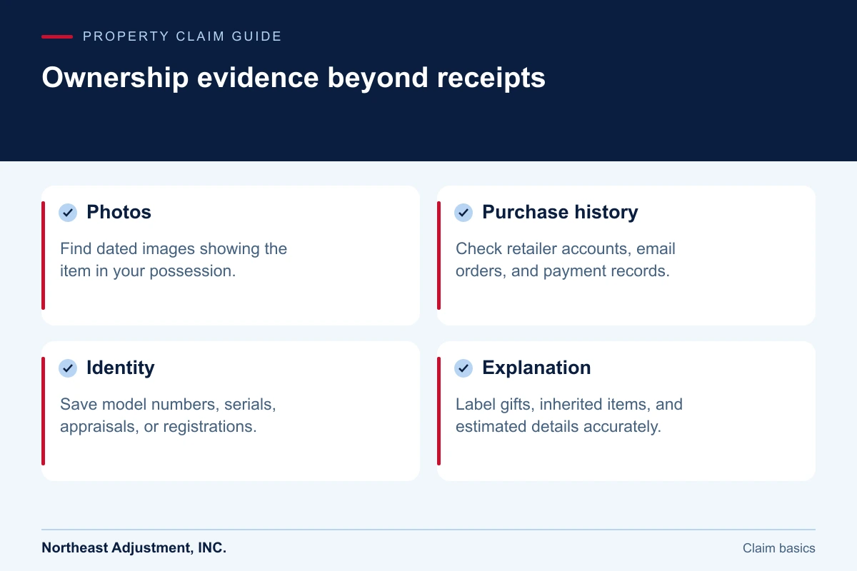 Ownership evidence beyond receipts: Photos, Purchase history, Identity, Explanation.